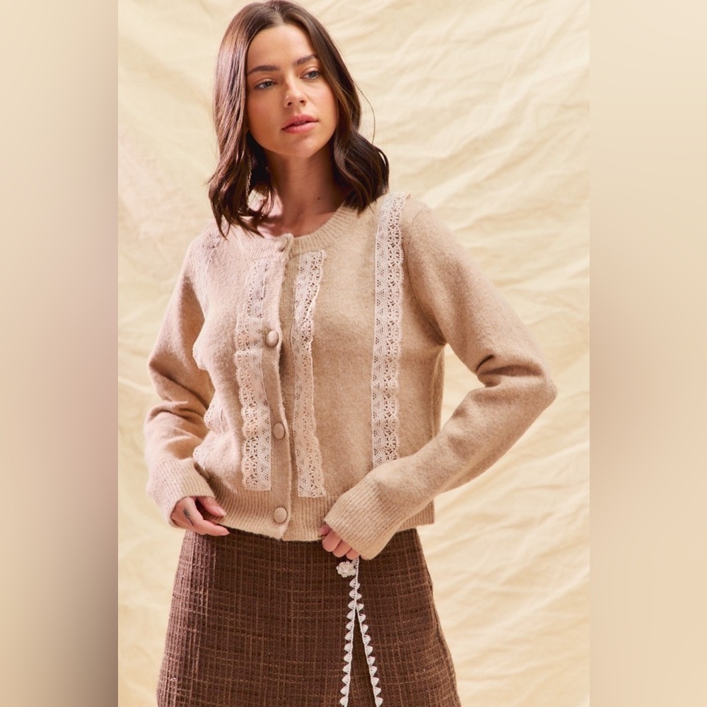 SO ME Front Lace Trim Button Cardigan Sweater